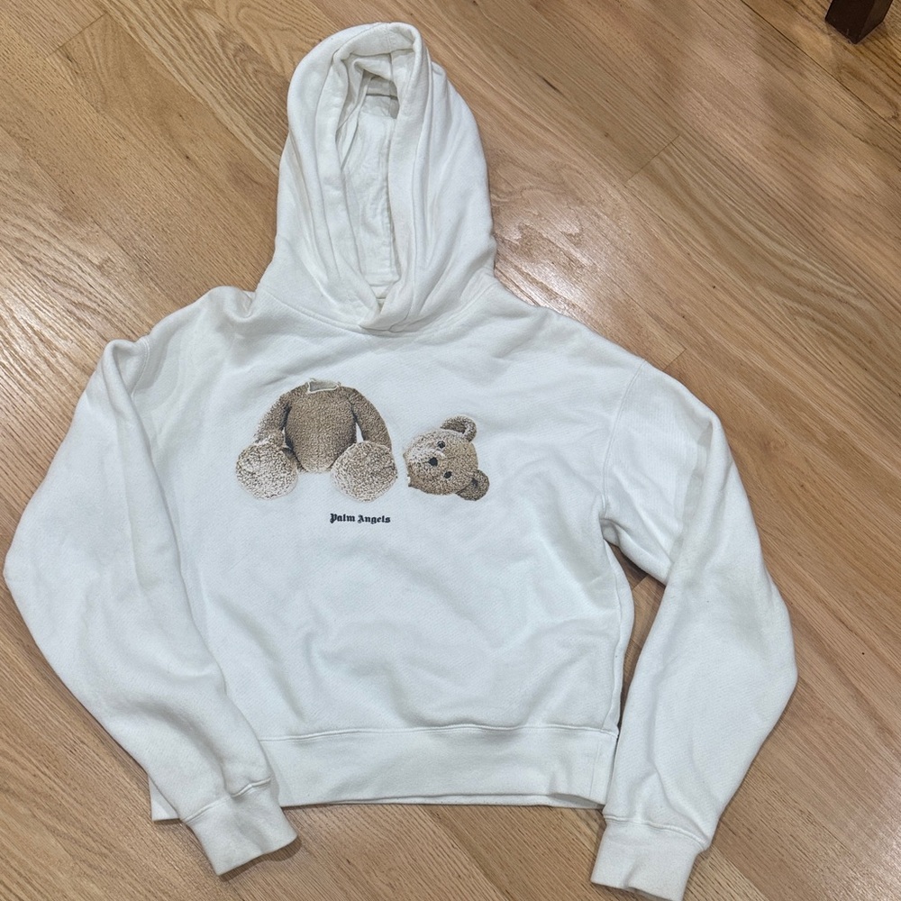 Palm Angels Ivory Hoodie with Bear Graphic